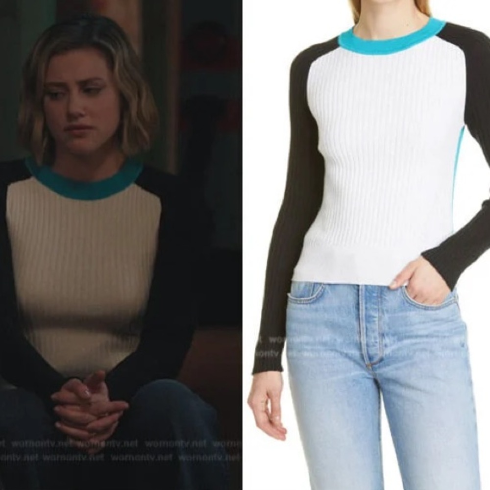 rag & bone Black, White, and Teal Ribbed Turtleneck Sweater